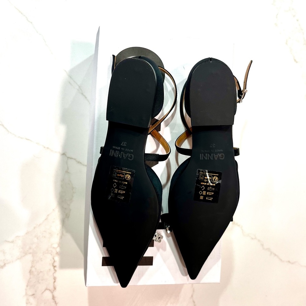 Ganni Black Satin Butterfly Bow Point Toe Ballet Flat Shoes Size 37 - Picture 3 of 5